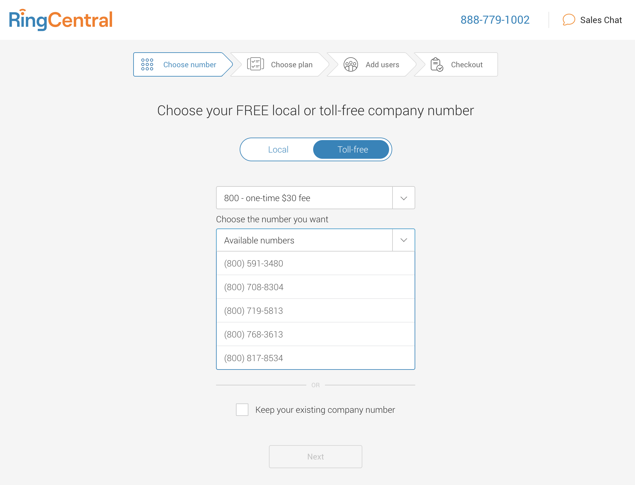 RingCentral 800 Number Slection